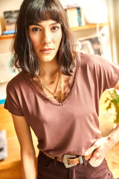 Olalook Women's Bitter Brown Collar Lace Casual Viscose Blouse