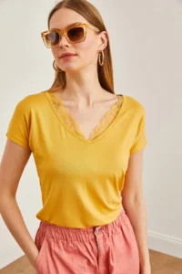 Olalook Women's Mustard Collar Lace Casual Viscose Blouse - Image 3