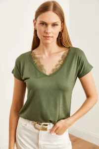 Olalook Women's Khaki Collar Lace Casual Viscose Blouse - Image 4