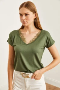 Olalook Women's Khaki Collar Lace Casual Viscose Blouse - Image 5