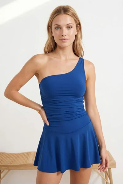 TRENDYOLMİLLA Dark Navy One Shoulder Covered Shorts Skirt Basic Swimsuit