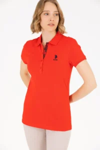 US Polo Assn. Women Red Basic Polo Shirt Collar T-Shirt - Image 2