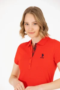 US Polo Assn. Women Red Basic Polo Shirt Collar T-Shirt - Image 3