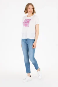 US Polo Assn. Women Ecru Crew Neck T-Shirt - Image 2