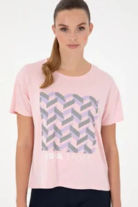 US Polo Assn. Women Powder Pink Patterned Crew Neck T-Shirt - Image 3