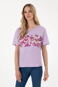 US Polo Assn. Women Lilac Patterned Crew Neck T-Shirt