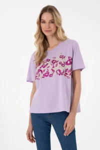 US Polo Assn. Women Lilac Patterned Crew Neck T-Shirt - Image 3