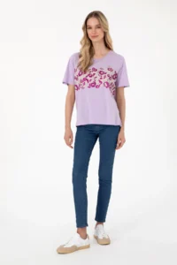 US Polo Assn. Women Lilac Patterned Crew Neck T-Shirt - Image 4