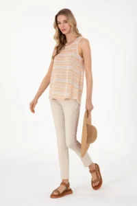 US Polo Assn. Women Orange Striped Sleeveless Crew Neck T-Shirt - Image 4