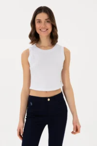 US Polo Assn. Women WHITE Sleeveless Crew Neck Crop Basic T-Shirt