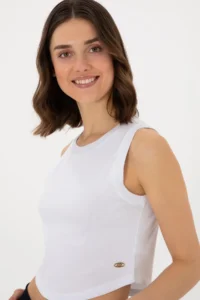 US Polo Assn. Women WHITE Sleeveless Crew Neck Crop Basic T-Shirt - Image 2