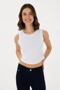 US Polo Assn. Women WHITE Sleeveless Crew Neck Crop Basic T-Shirt - Image 3