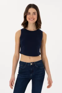 US Polo Assn. Women Navy Blue Sleeveless Crew Neck Crop Basic T-Shirt