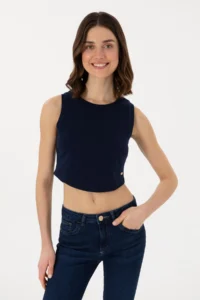 US Polo Assn. Women Navy Blue Sleeveless Crew Neck Crop Basic T-Shirt - Image 3