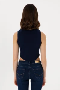 US Polo Assn. Women Navy Blue Sleeveless Crew Neck Crop Basic T-Shirt - Image 5