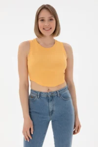 US Polo Assn. Women Orange Sleeveless Crew Neck Crop Basic T-Shirt