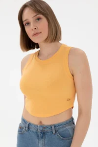US Polo Assn. Women Orange Sleeveless Crew Neck Crop Basic T-Shirt - Image 3