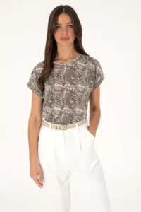 US Polo Assn. Women Mink Patterned Crew Neck T-Shirt