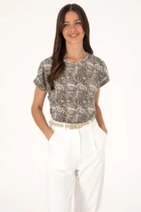 US Polo Assn. Women Mink Patterned Crew Neck T-Shirt - Image 3
