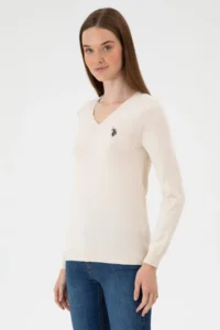US Polo Assn. Women Cream Melange V-neck Basic Sweater