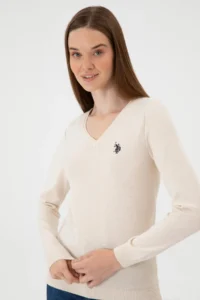 US Polo Assn. Women Cream Melange V-neck Basic Sweater - Image 2
