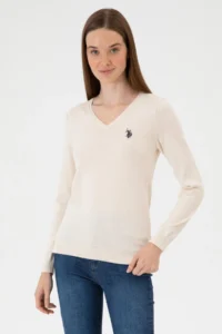 US Polo Assn. Women Cream Melange V-neck Basic Sweater - Image 3