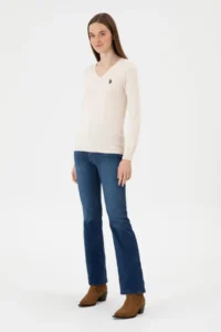 US Polo Assn. Women Cream Melange V-neck Basic Sweater - Image 4