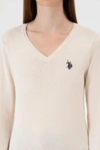 US Polo Assn. Women Cream Melange V-neck Basic Sweater - Image 6