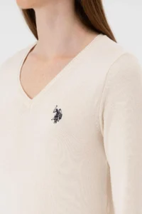 US Polo Assn. Women Cream Melange V-neck Basic Sweater - Image 7