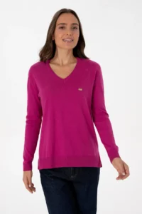 US Polo Assn. Women Fuchsia Melange  V-neck Basic Sweater