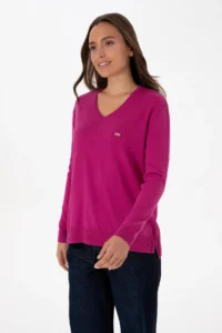 US Polo Assn. Women Fuchsia Melange  V-neck Basic Sweater - Image 3
