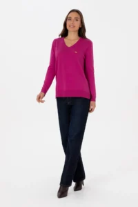 US Polo Assn. Women Fuchsia Melange  V-neck Basic Sweater - Image 4