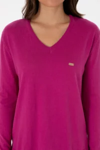 US Polo Assn. Women Fuchsia Melange  V-neck Basic Sweater - Image 6