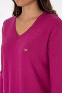 US Polo Assn. Women Fuchsia Melange  V-neck Basic Sweater - Image 7