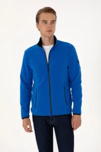 US Polo Assn. Men Regular Fit Saks Blue Fleece Knitting Cardigan - Image 3