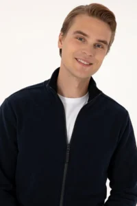 US Polo Assn. Men Regular Fit Navy Blue Fleece Knitting Cardigan - Image 2