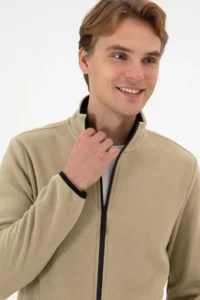 US Polo Assn. Men Regular Fit Light Khaki Fleece Knitting Cardigan - Image 2