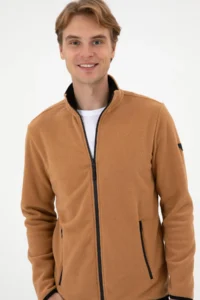 US Polo Assn. Men Regular Fit Camel Fleece Knitting Cardigan - Image 2