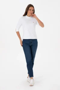 US Polo Assn. Women WHITE Button Detailed Turtleneck Sweatshirt - Image 4
