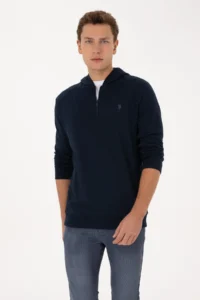 US Polo Assn. Men Regular Fit Half Zippered Hooded Navy Blue Sweatshirt