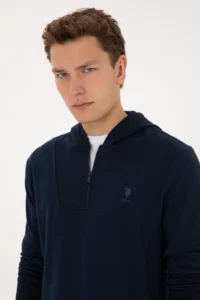 US Polo Assn. Men Regular Fit Half Zippered Hooded Navy Blue Sweatshirt - Image 2