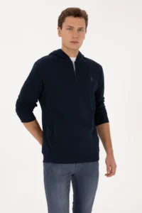 US Polo Assn. Men Regular Fit Half Zippered Hooded Navy Blue Sweatshirt - Image 3
