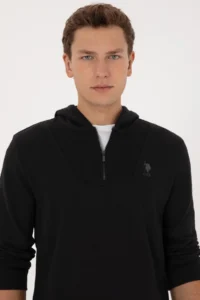 US Polo Assn. Men Regular Fit Half Zippered Hooded Black Sweatshirt - Image 2