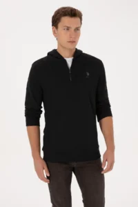 US Polo Assn. Men Regular Fit Half Zippered Hooded Black Sweatshirt - Image 3