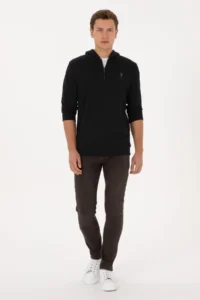 US Polo Assn. Men Regular Fit Half Zippered Hooded Black Sweatshirt - Image 4