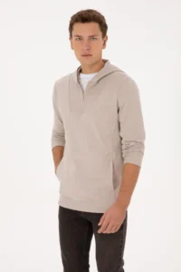 US Polo Assn. Men Regular Fit Half Zippered Hooded Stone Sweatshirt