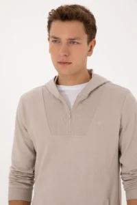 US Polo Assn. Men Regular Fit Half Zippered Hooded Stone Sweatshirt - Image 2