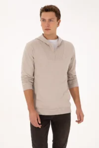US Polo Assn. Men Regular Fit Half Zippered Hooded Stone Sweatshirt - Image 3