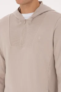 US Polo Assn. Men Regular Fit Half Zippered Hooded Stone Sweatshirt - Image 7