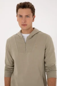 US Polo Assn. Men Regular Fit Half Zippered Hooded Light Khaki Sweatshirt - Image 2